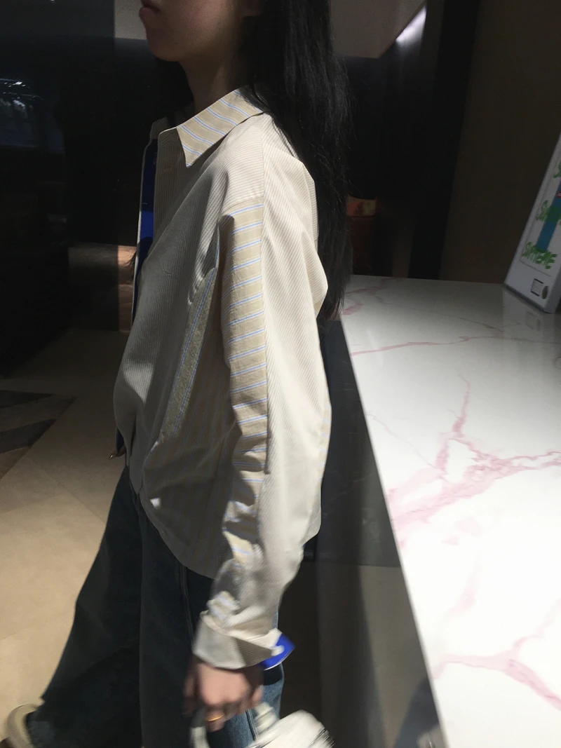 

Женская рубашка Cuijia свободного кроя из чистого хлопка в полоску с микро-врезом на талии, отложным воротником, длинными рукавами, дышащая и комфортная