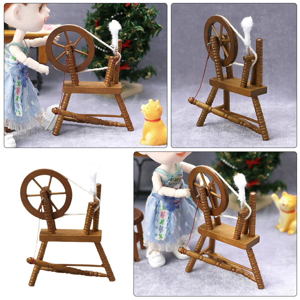 

Vintage Spinning Wheel Ornament Dollhouse Miniature Hand Reeling Machine Toys Furniture Wooden Model Child Small Sewing