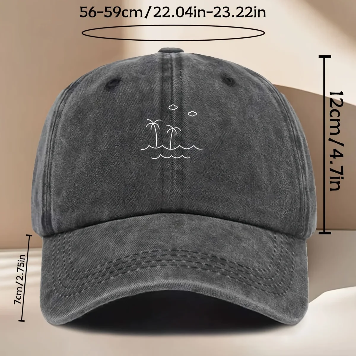 A Baseball Cap Featuring a Easy Design of Palm Trees, Waves, And Clouds, Perfect for a Casual And Stylish Vibe. This Unisex Hip-