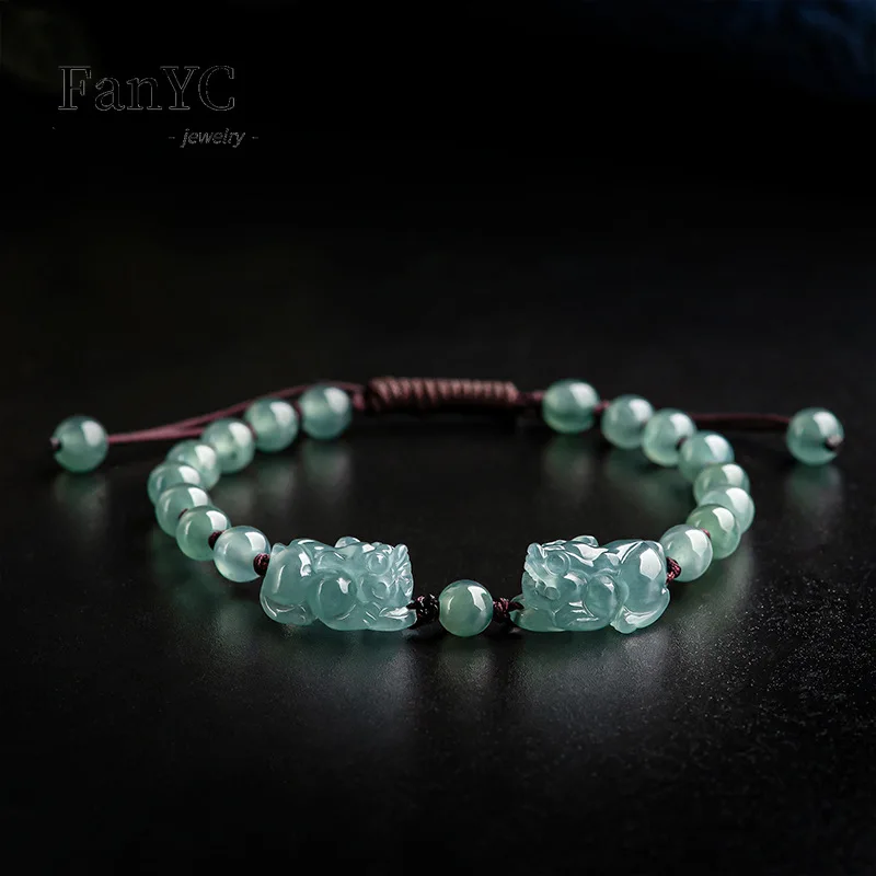 

Natural A-goods Jadeite Blue Water Brave Bracelet Hand-woven High-grade Delicate Ice Jade Hand Rope Ladies Holiday Mascotss Gift