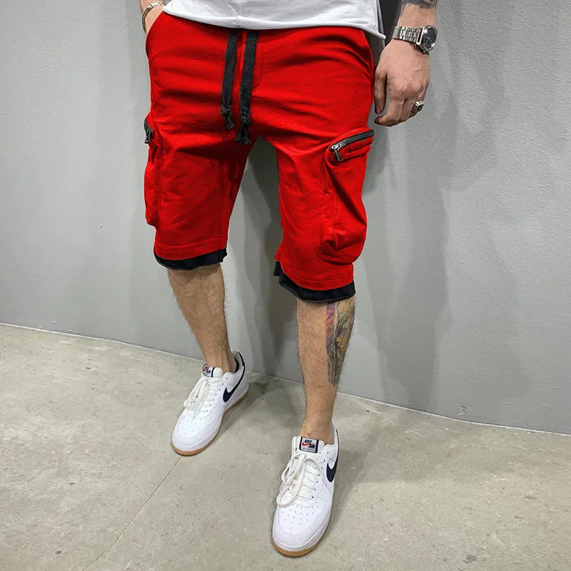 Pantalones cortos de algodón para hombre, doble bolsillo con cremallera de Pantalón Cargo, estilo Hip-Hop, informal, deportivo, Fitness, cinco puntos