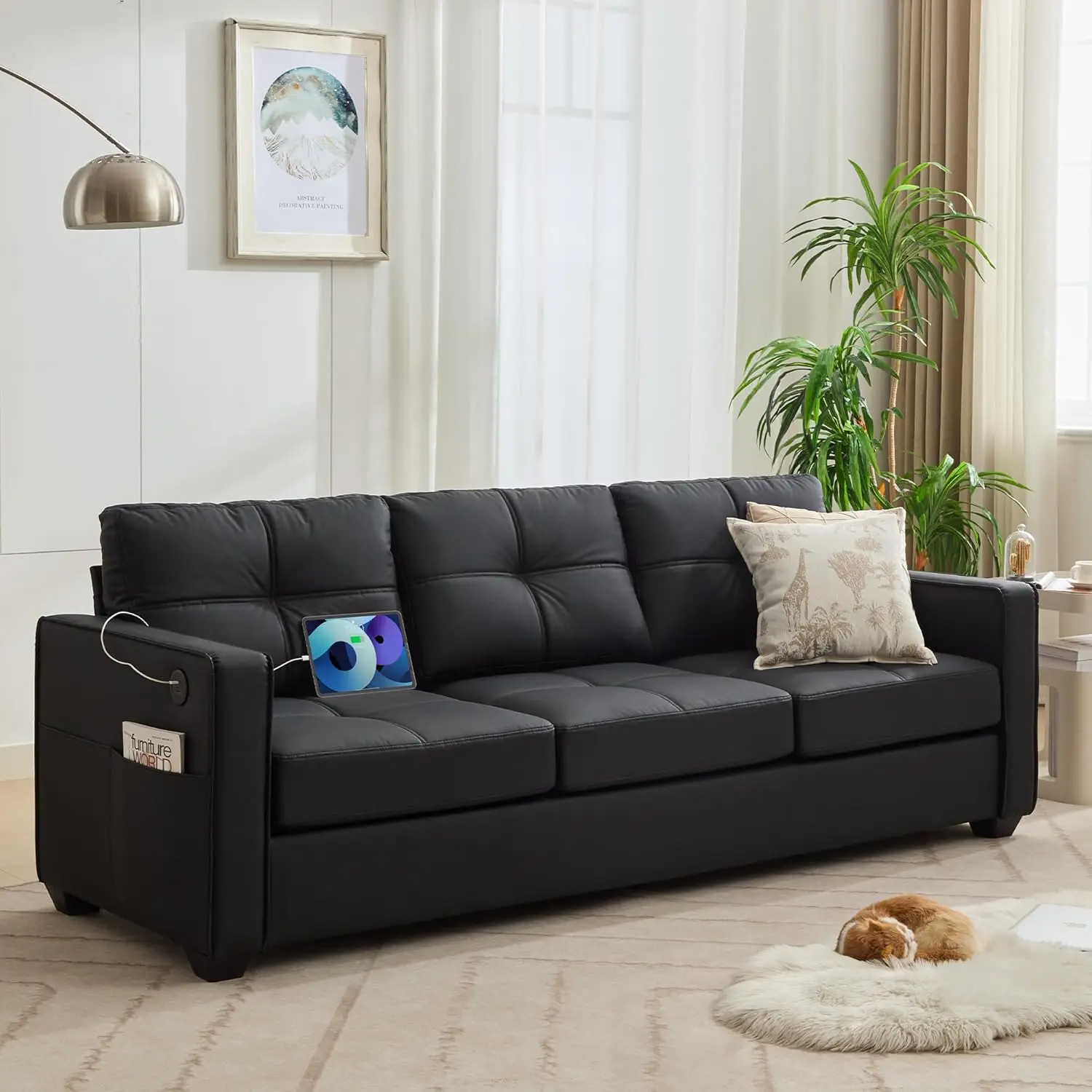 Black Faux Leather Sofa Couches for Living Room Mid Century Modern Tufted Comfy Small Loveseat USB and Wide Arms 3 Seater Office