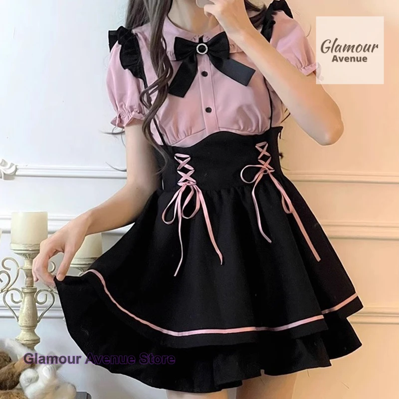 

Japanese pink sweet and lovely Lolita dress suit female summer new Lolita princess skirt shirt strap skirt casual two-piece suit