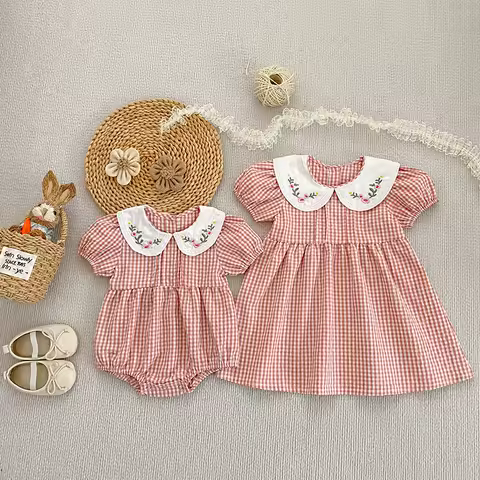 Summer Fashion Baby Girl Dress Pink Grid Princess Toddler Girl Dress Infant Cotton Baby Bodysuit Family Matching Sister Outfit