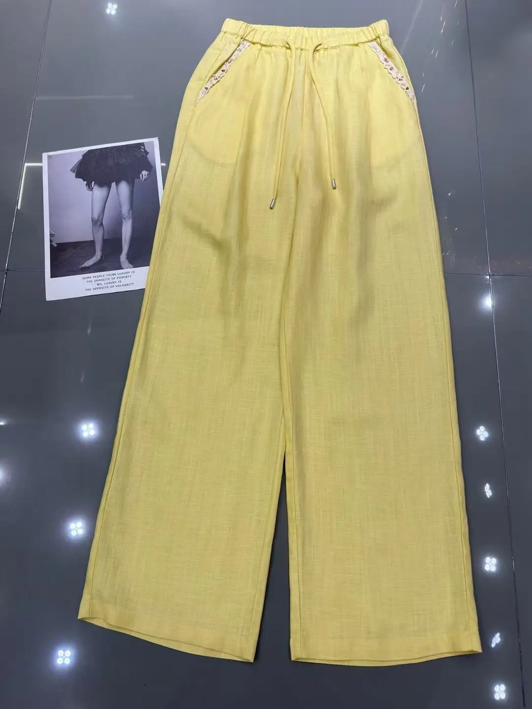 

100%Linen Pants 2025 Summer Fashion Trousers Women Elastic Waist Sea Shell Pocket Patchwork Casual Long White Black Yellow Pants