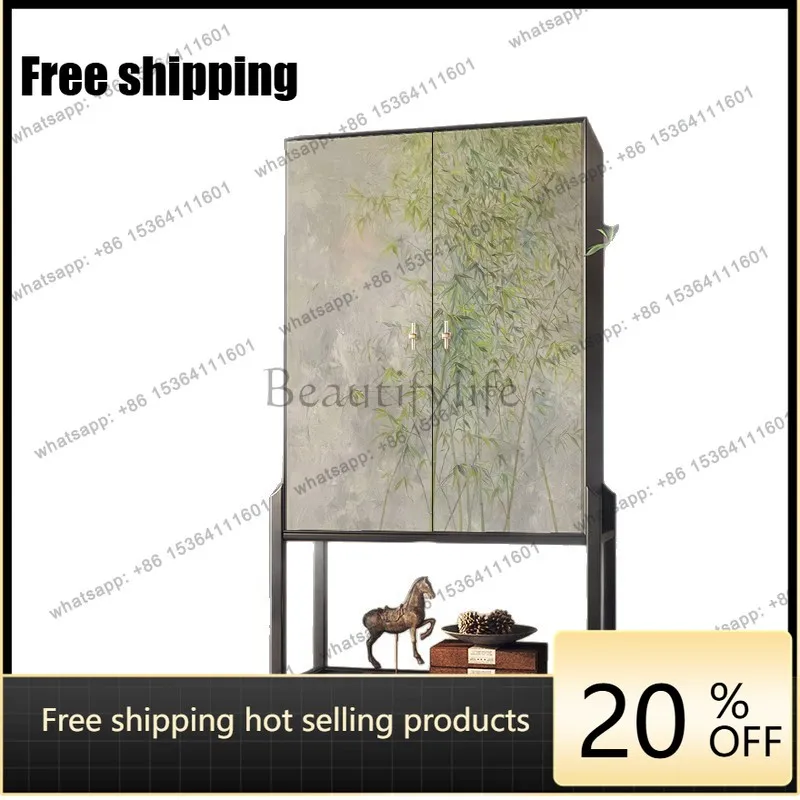 YJ new Chinese bamboo high-footed bucket cabinet living room solid wood porch cabinet floor to wall integrated large capacity