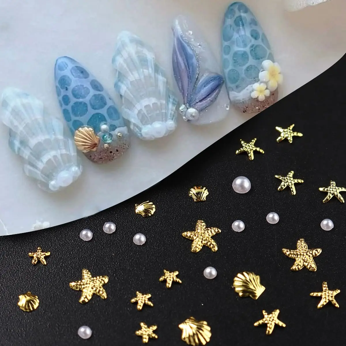 200pcs Ocean-Themed Nail Charms & Gemstones Starfish Seashell Rhinestones with Pearl Designs Nail Art Beach Vacation Nail Access