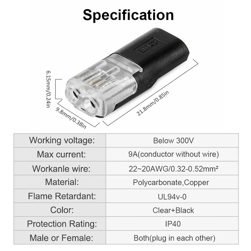 10pcs 2pin Pluggable Wire Connector Quick Splice Electrical Cable Crimp Terminals for Wires Wiring 22-20AWG LED Car Connectors