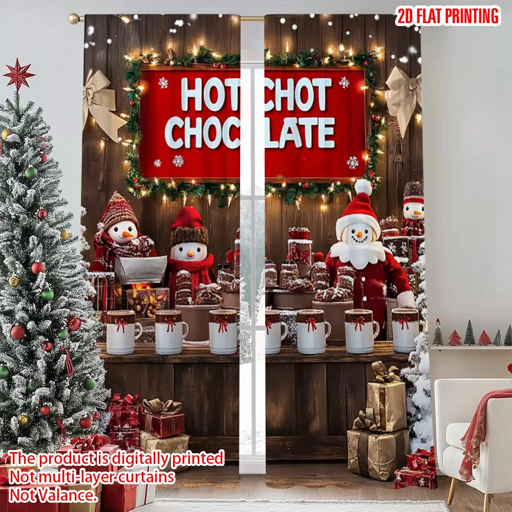 

2pcs 2D flat printing Merry Christmas Curtain Christmas hot chocolate Durable 100% Polyester Fabric Without Electricity Spring