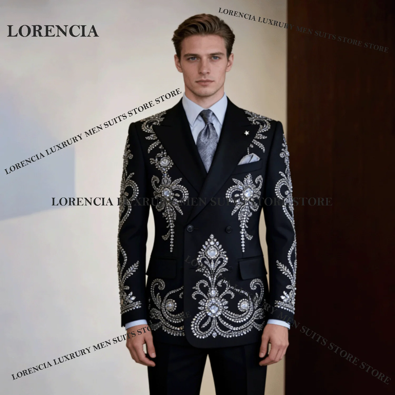 

Customized Double Breasted Men Suits Luxury Diamond Sequins Wedding Tuxedos Slim Ropa hombre 2 Pieces Sets Groom Male Blazers