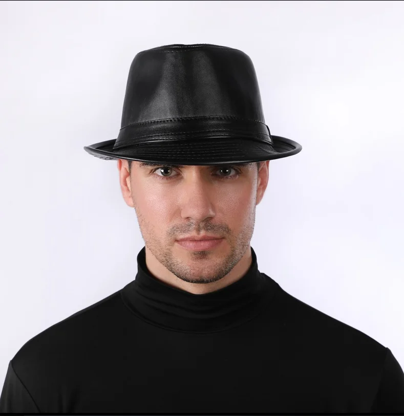 Mann hochwertiges echtes Leder Jazz Fedora Gentleman Kuhhaut kurze Krempe schwarz/braun Schaffell angepasste Zylinder männlich zeigt – Detail 5