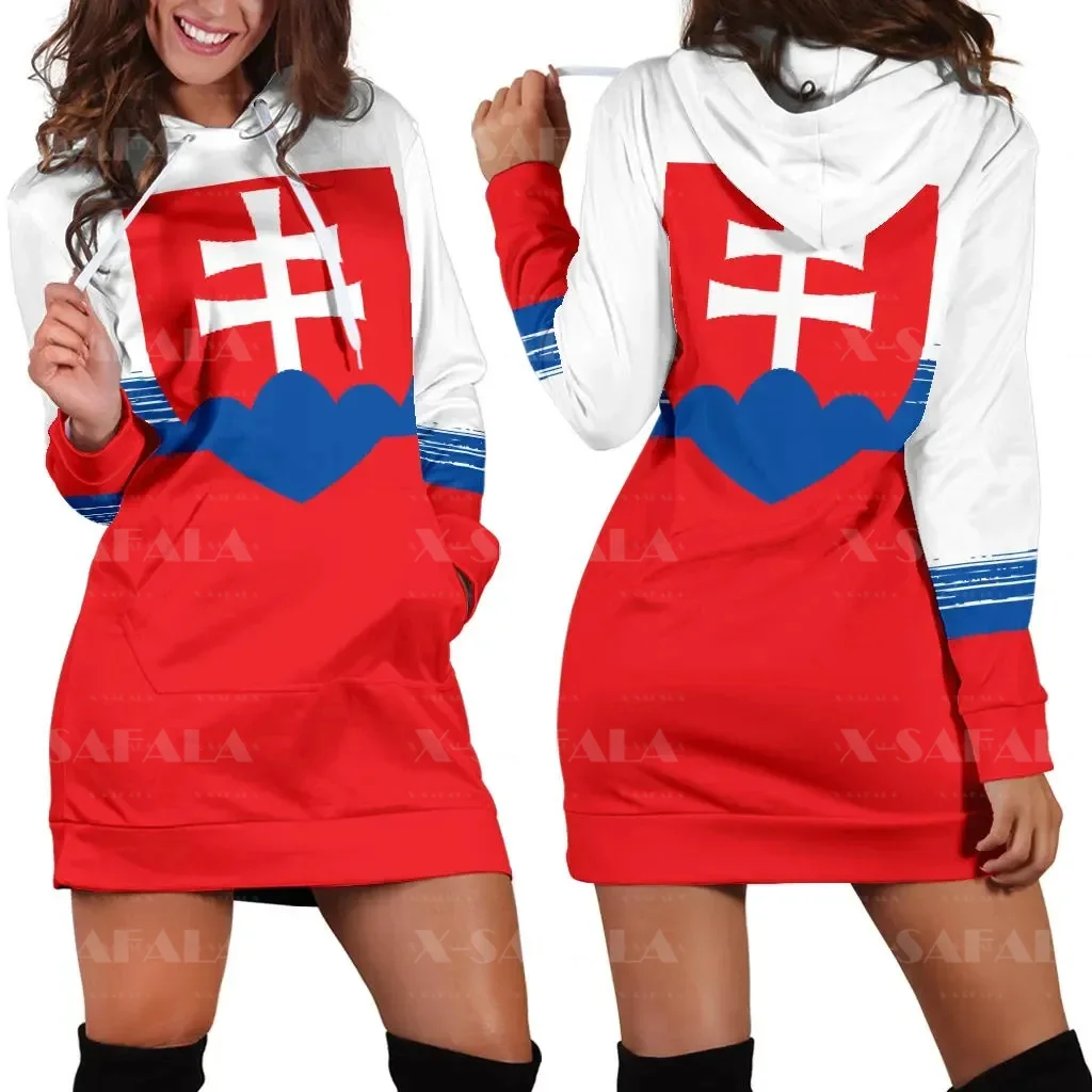 Slovakia Nation Flag Of Coat Of Arms 3D Print Fashion Slim Hoodie Dress Women Casual Wear Long Sleeve Hooded Sweatshirt Pullover