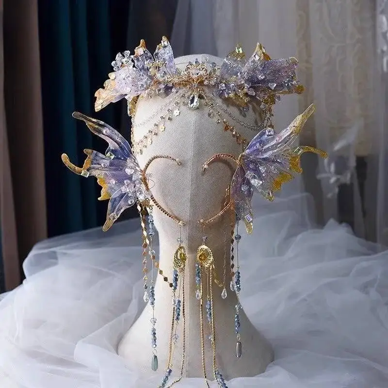 Chinese Wedding Liquid Flower Crystal Mermaid Princess Crown Hair Accessories Hanfu Head Accessories Purple Crystal Headdress