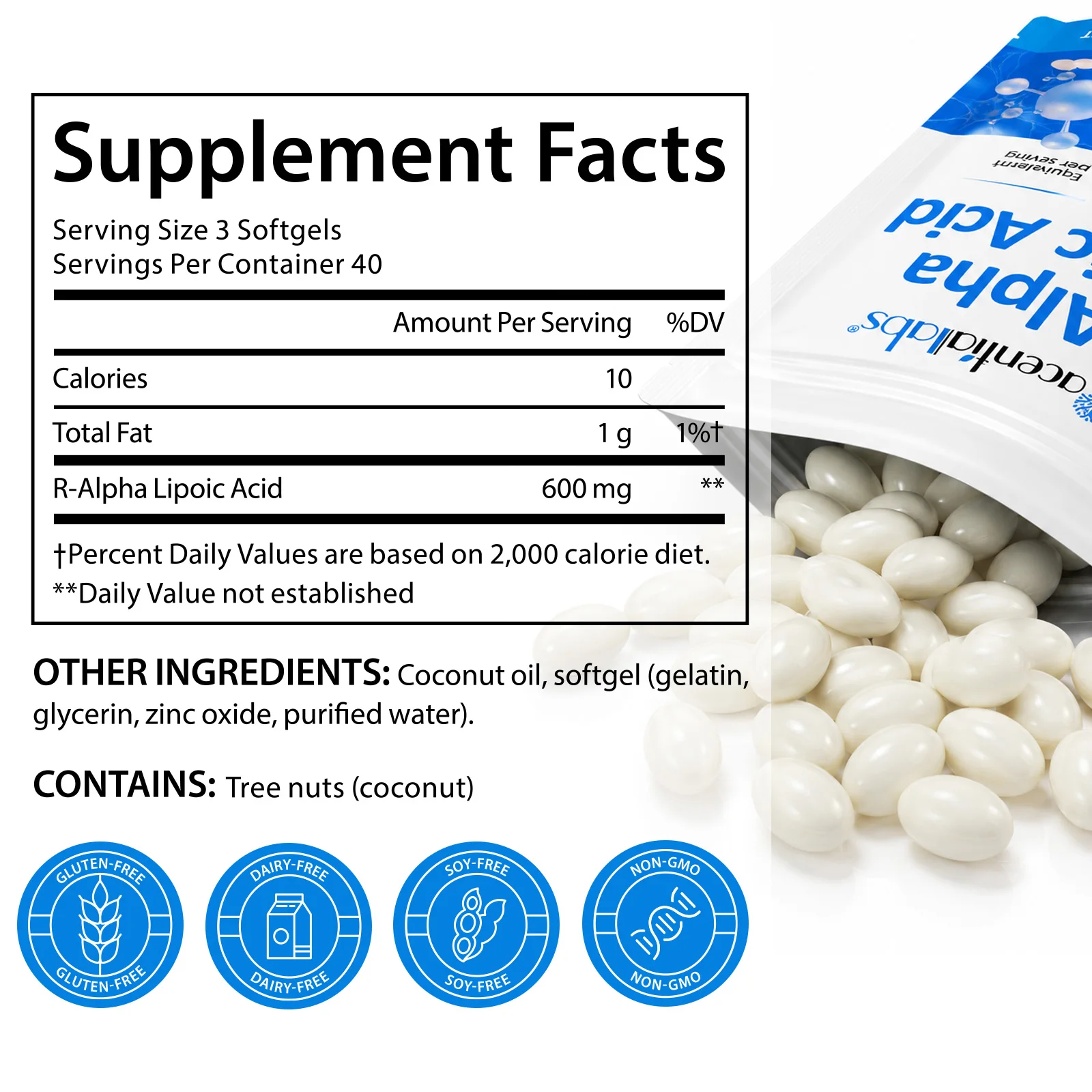 R-Alpha Lipoic Acid Softgels with Advanced Antioxidant Support and Cellular Energy Production, Gluten-Free Non-GMO, 120 Softgels