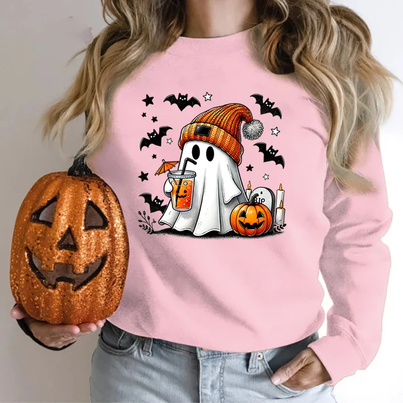 New Women\'s Sweatshirt Halloween Ghost Pumpkin Bat Print Round Neck Pullovers Ladies Autumn Winter Casual Halloween Sweatshirt