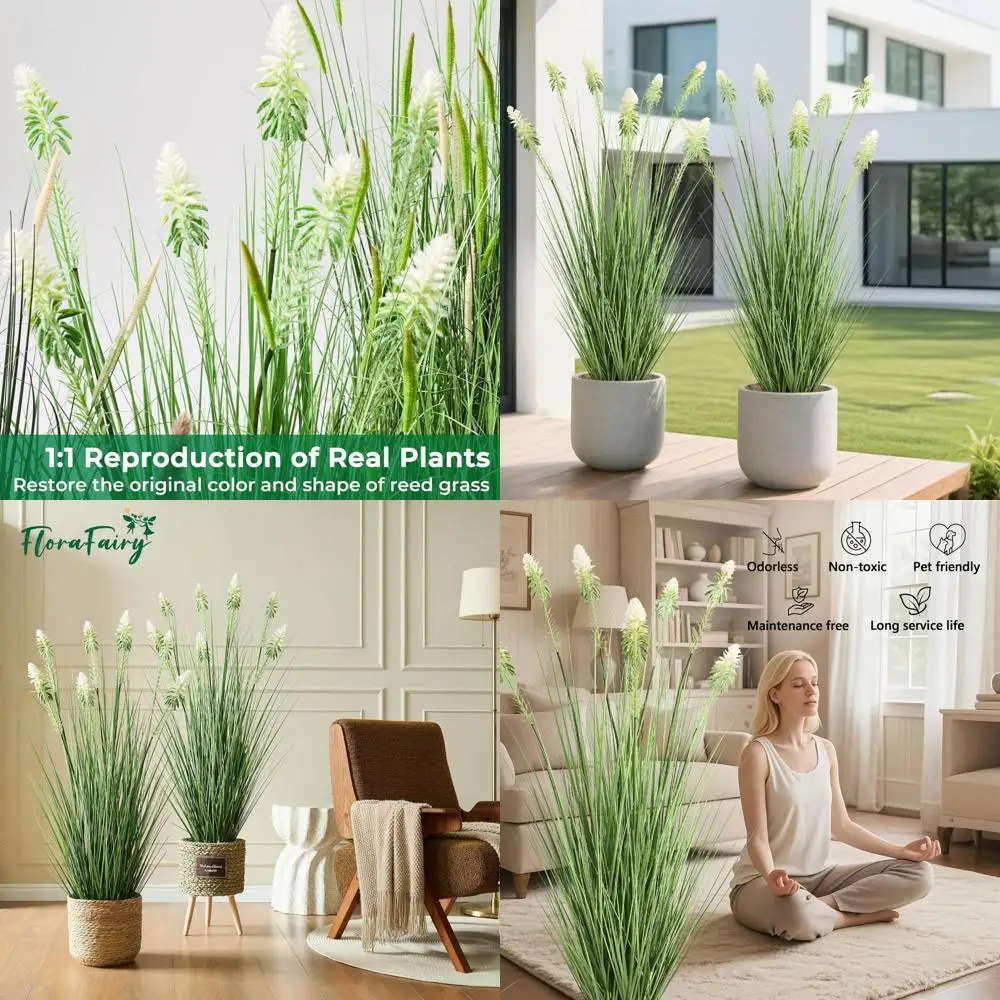 

Набор из 2 искусственных растений: Тростник и белый гелихризум, 48 см высотой, в горшках, для декора дома и офиса