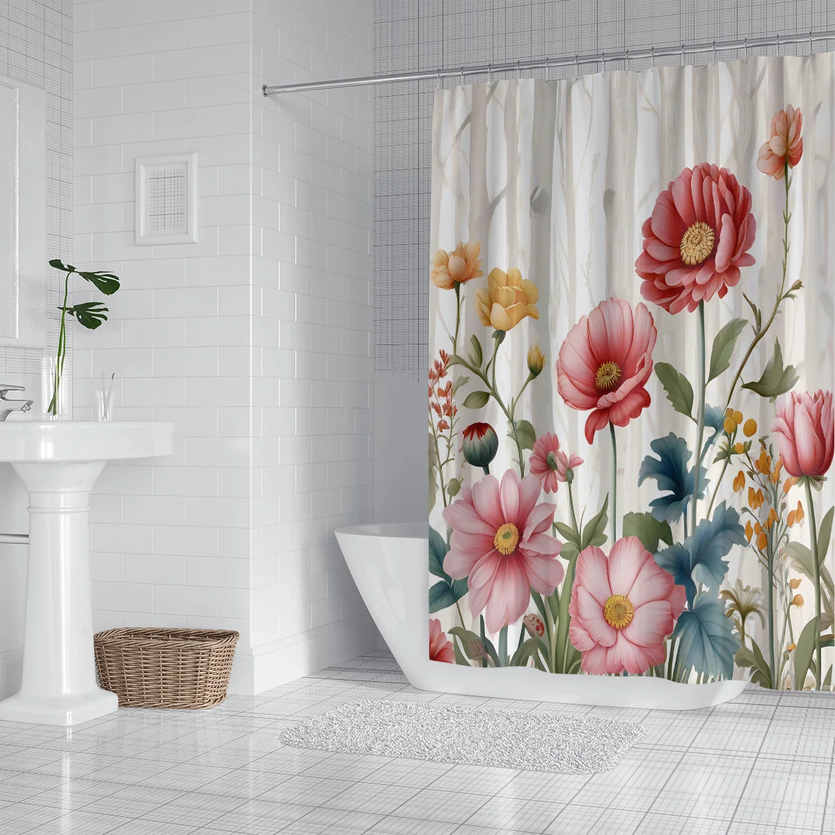 1PC Freshness Flower Series Shower Curtain,3D Embossed Washable Waterproof Shower Curtain,12 hooks,Family Bathroom Decoration