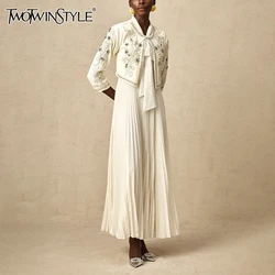 TWOTWINSTYLE Solid Elegant Two Piece Sets for Women Round Neck Long Sleeve Spliced Sequins Coat Tunic A Line Dress Set Female