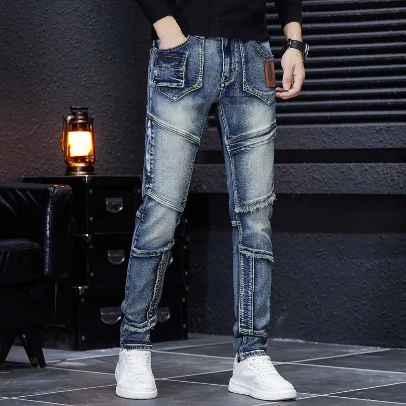 new handsome and personalized nostalgic multi pocket patchwork with raw edge elastic jeans for men's  denim jeans