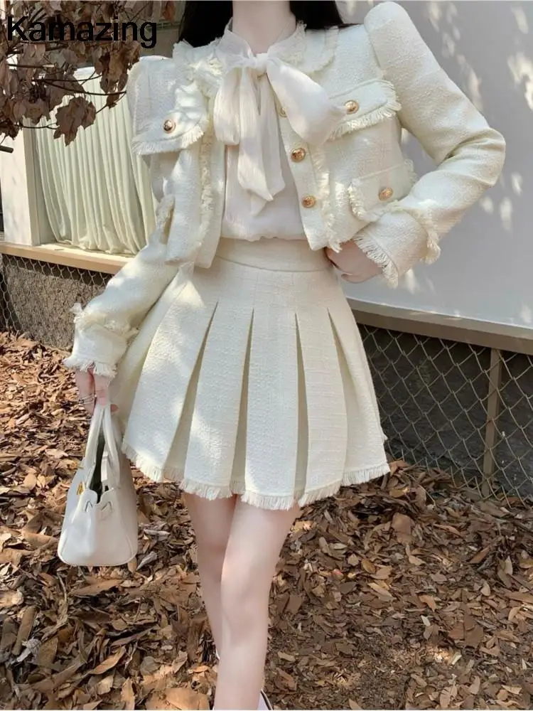 Autumn New French Vintage Tweed Two-Piece Skirt Set Women Short Jacket Coat + Pleated Mini Skirt Suits Korean Luxury Outfits