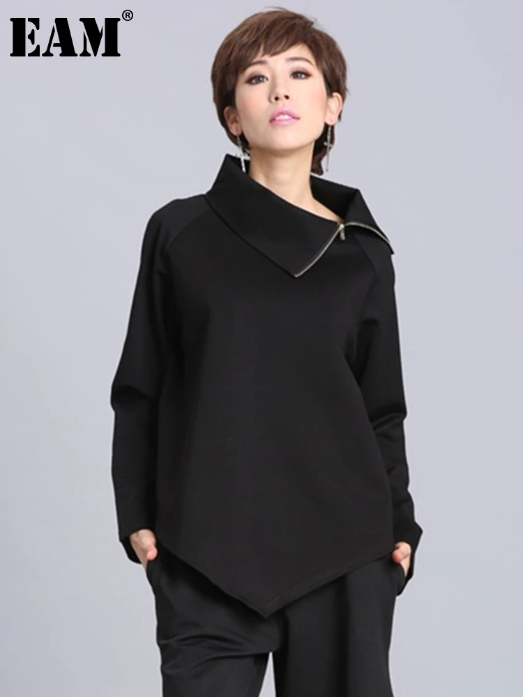 [EAM] Women Black Zipper Irregular Big Size Casual T-shirt New Turtleneck Long Sleeve Fashion Tide Spring Autumn 2024 OA882