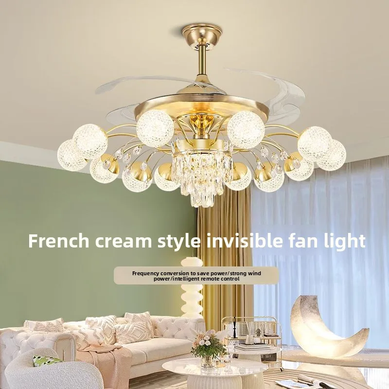 American Ceilling Fan Lights Luxury Invisible Dining Room Villa Bedroom Crystal Intelligent Silent Ceiling Fan Lamps Ornaments