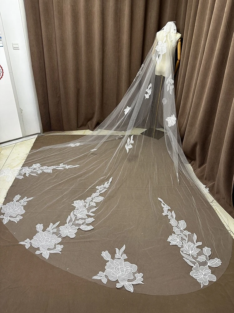 

Fairy Floral Lace Custom Bridal Veil, High Quality Bridal Veil With Comb, 3 Meters Long Single Level Head Veil