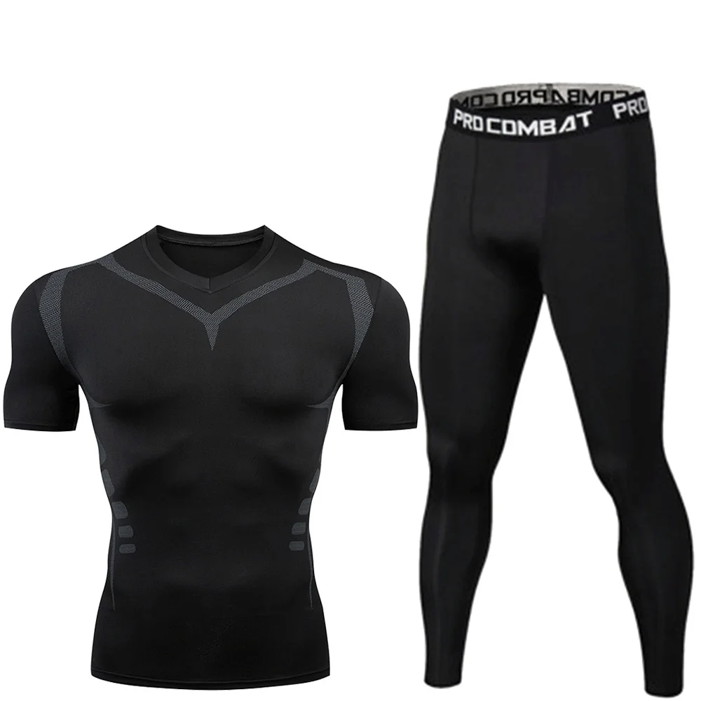 Men Compression Tracksuit 2 Pcs Short Sleeve Tight Shirt Leggings Quick Dry Gym Running Fitness Sports Training Workout Underwea