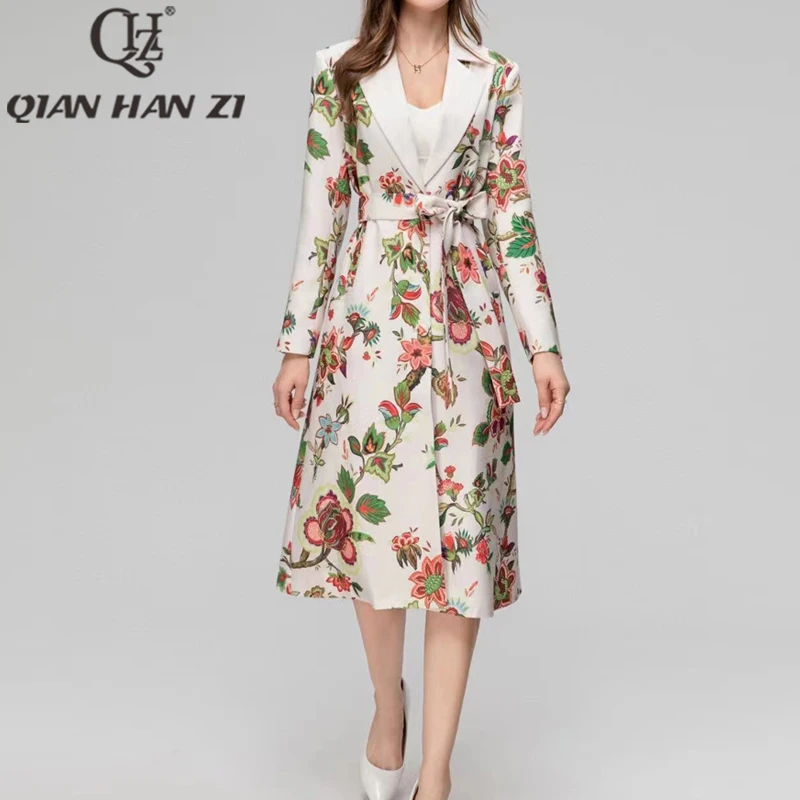 QHZ Autumn/Winter Designer Vintage Fashion Warm Overcoat Women's lapel Long sleeved Vacation Belt slim printing Long coat