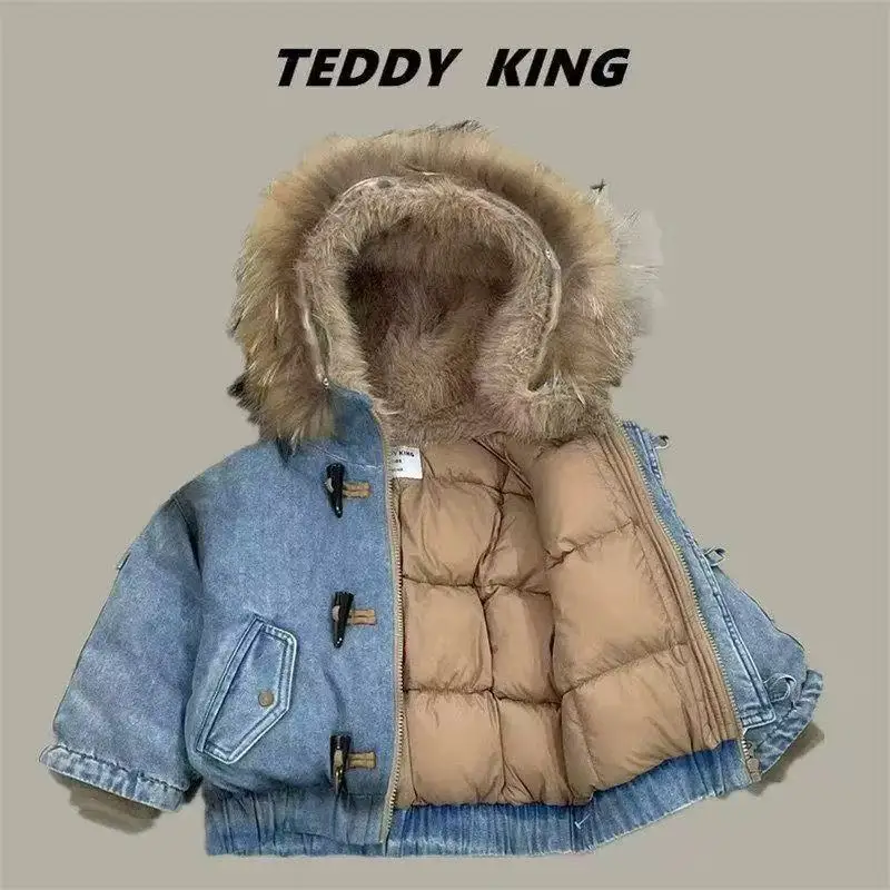 

2025 New Winter Boys' and Girls' Cotton Jacket New Style Children's Cowboy Down Hooded Big Wool Collar Casual Cotton Coat 4-12Y