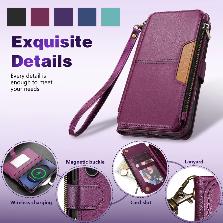 Wallet Multi-card Slot Zipper Kickstand Magnetic Flip Leathe