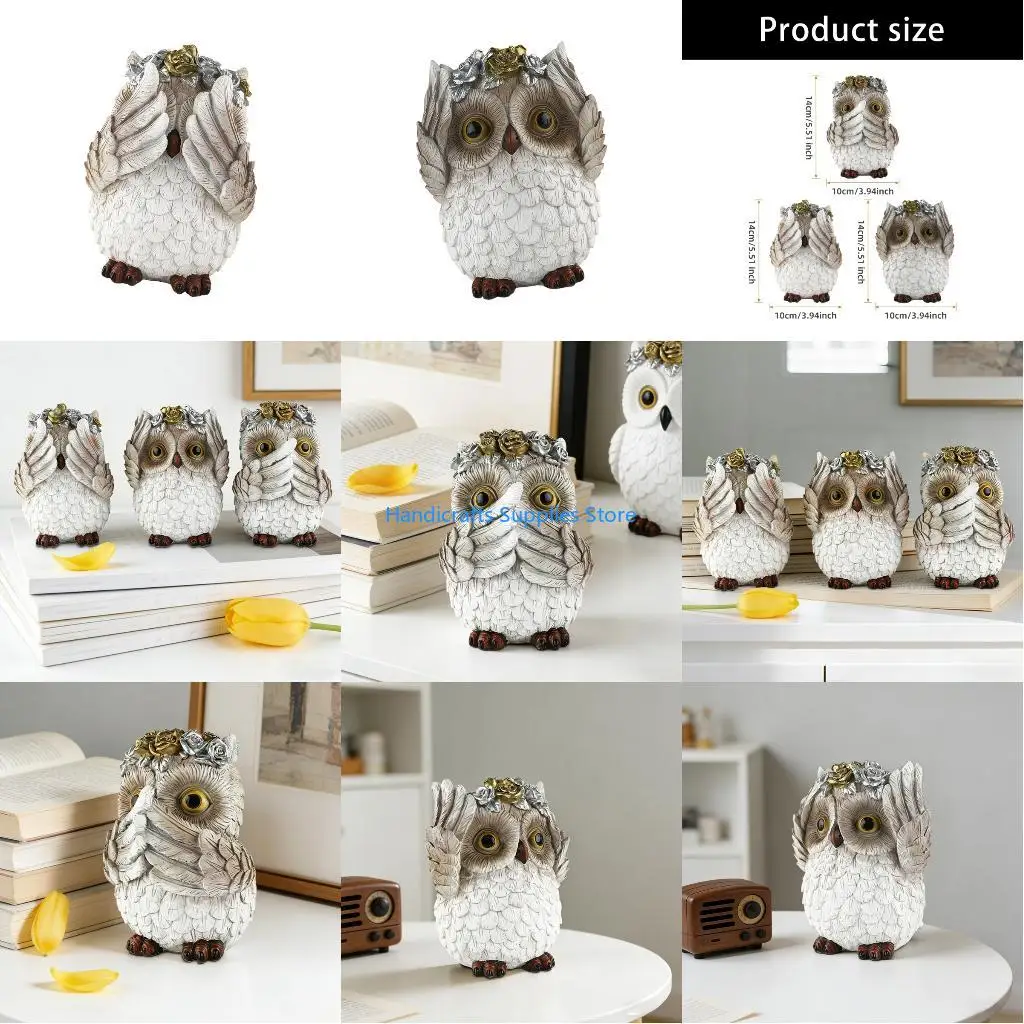 R1WA No See No Evils Hear No Evil Speak Owl Figurines Resin Owl Statues Home Decors