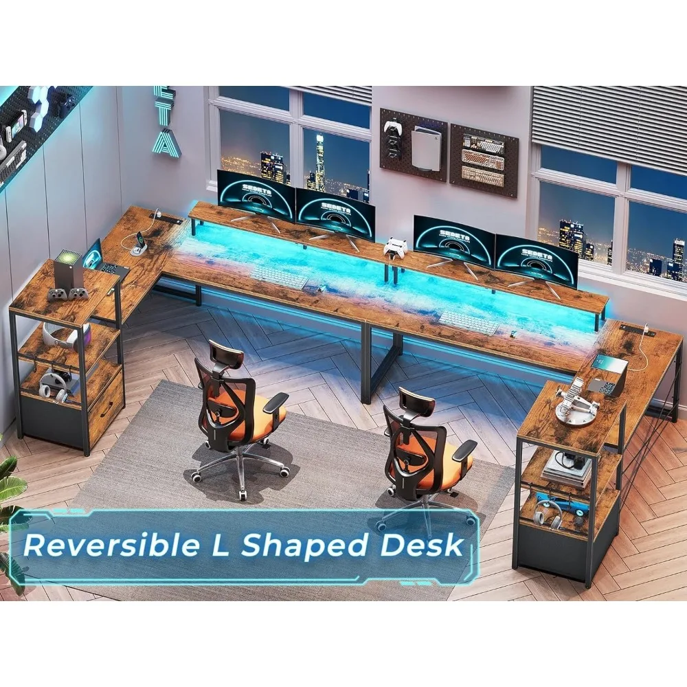 L Shaped Gaming Desk with LED Lights and Power Outlets, Reversible Computer Desk