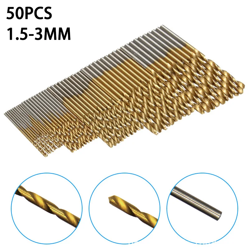 50Pc Titanium Coated Drill Bits HSS High Speed Steel Drill Bits Set Tool Multi Function Metal Drills Power Tools 1/1.5/2/2.5/3mm