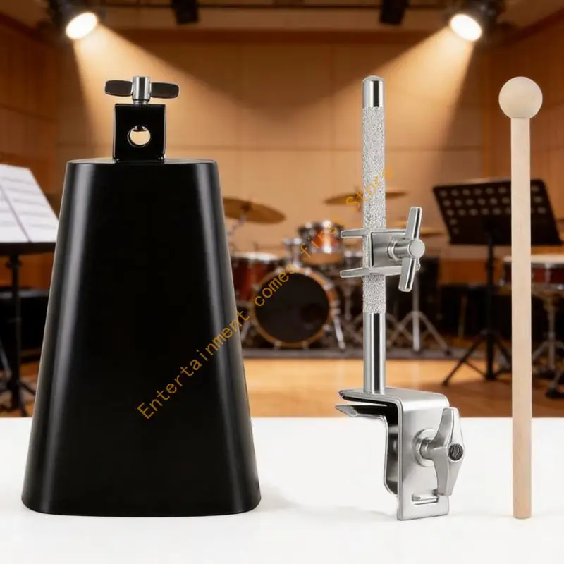 Rhythm Practice Cowbell Set with Adjustable Drum Hoop Clamp and Wooden 7 Inch Metal Accessory for Band Class 55KD