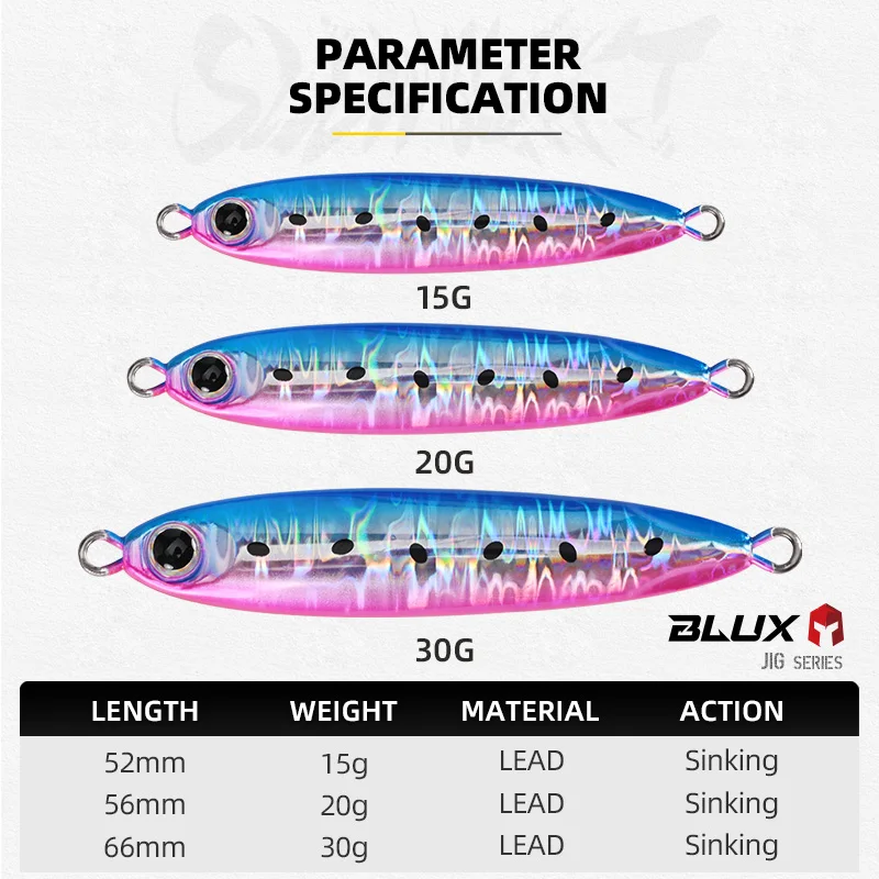 BLUX Slow Blatt Cast Slim Metal Jig Fishing Lure 15g 20g 30g Jigging Spoon for off Shore Rock Saltwater Bass Artificial Baits