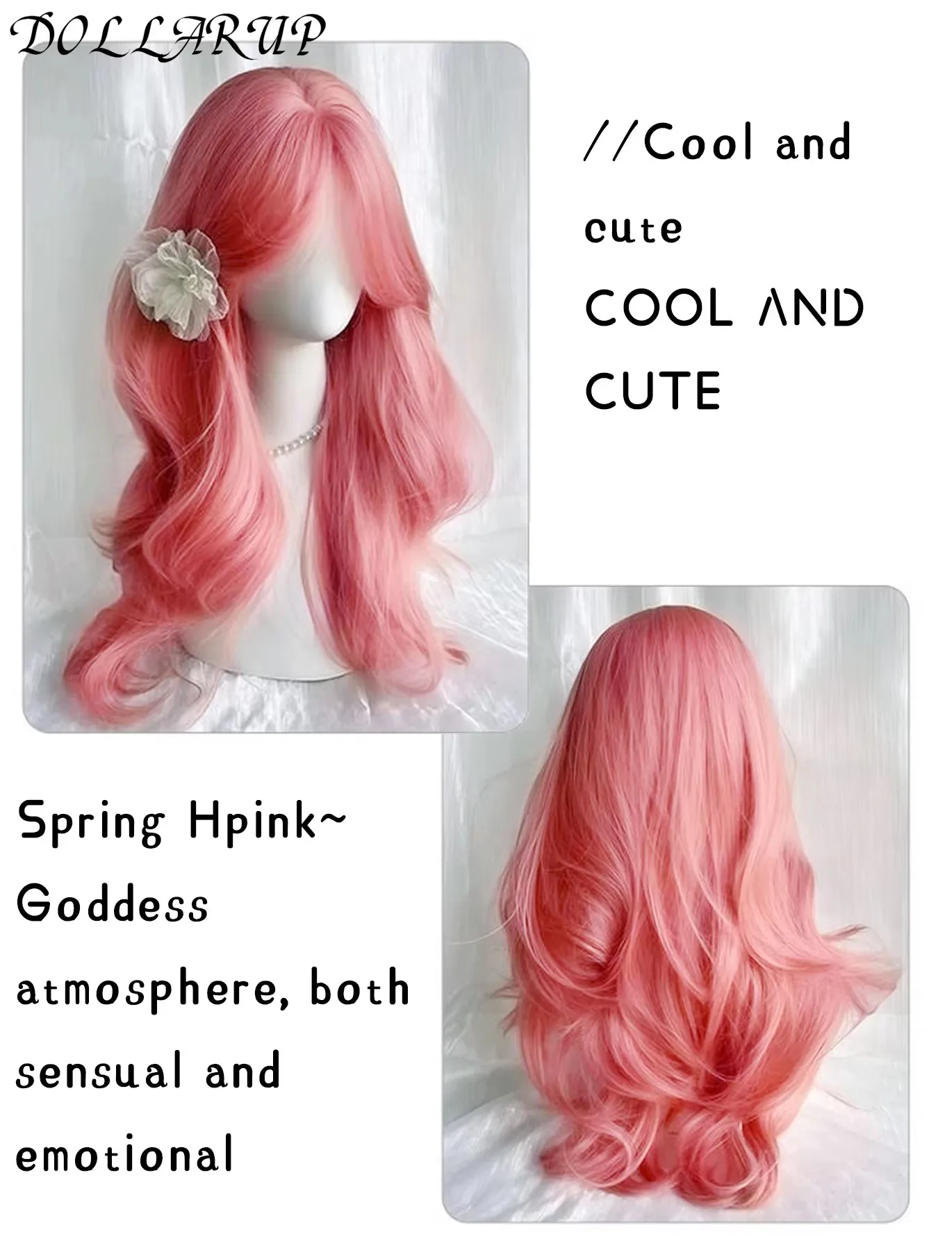 JKL Pink Wig Long Wavy Synthetic Wigs Middle Part Natural Wave Wig Heat Resistant Cosplay Party Daily Hair Wig