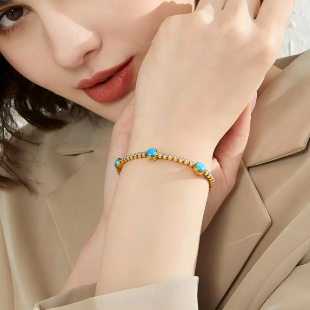 2026 New Stainless Steel Turquoise Charm Tennis Bracelet For Women Men Anti-rust Sleeping Beauty Cuban Chain Cuff Bangle Jewelry view 2