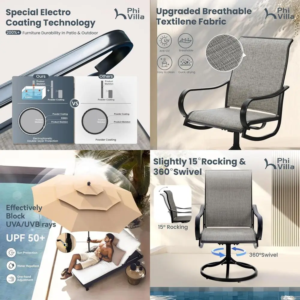 

Набор для отдыха на открытом воздухе: 4 вращающихся стула, квадратный металлический стол и бежевый зонт для патио.