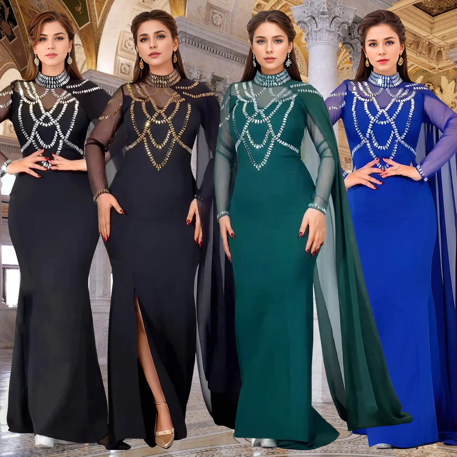 

C7260 Fashion Women's Elegant Hot Diamond Slimming Bag Arm Shawl Dress Medieval 2025 Summer Dress Robe Vestido Women Party