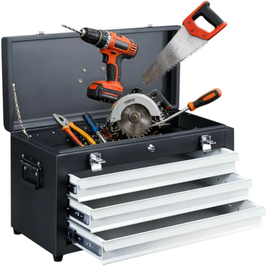 

3 Drawer Tool Box Heavy Duty Metal with Lock Portable Tool Chest Organizer for Workshop Garage DIY Office Storage