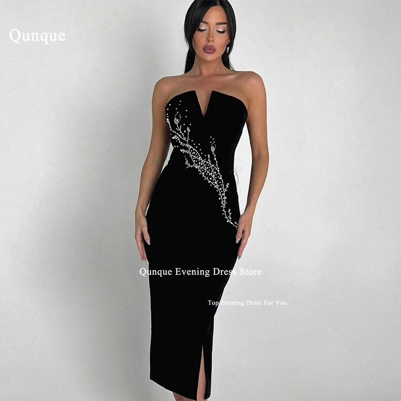 Qunque Luxury Black Evening Dress Customized Off Shoulder V-neck Party Dress Sparkly Crystals Mermaid Prom Gowns Formal Dress