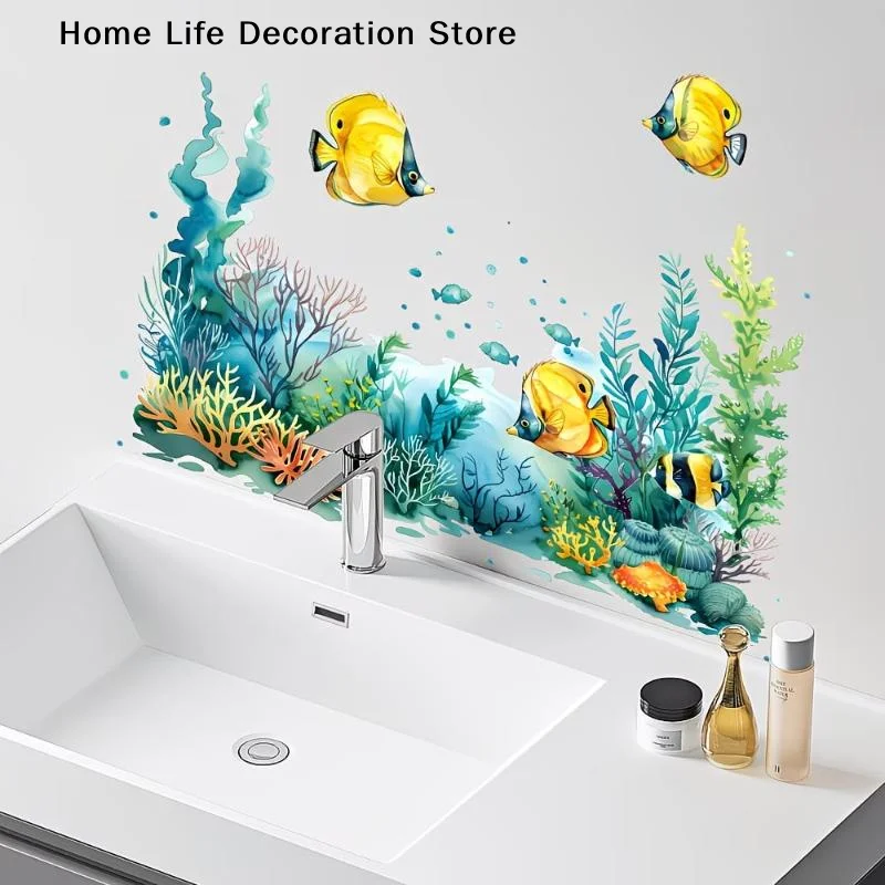 【H】Ocean Fish Sink Area Background Wall Sticker Bathroom Wall Decoration Self-Adhesive Removable Waterproof Creative Sticker