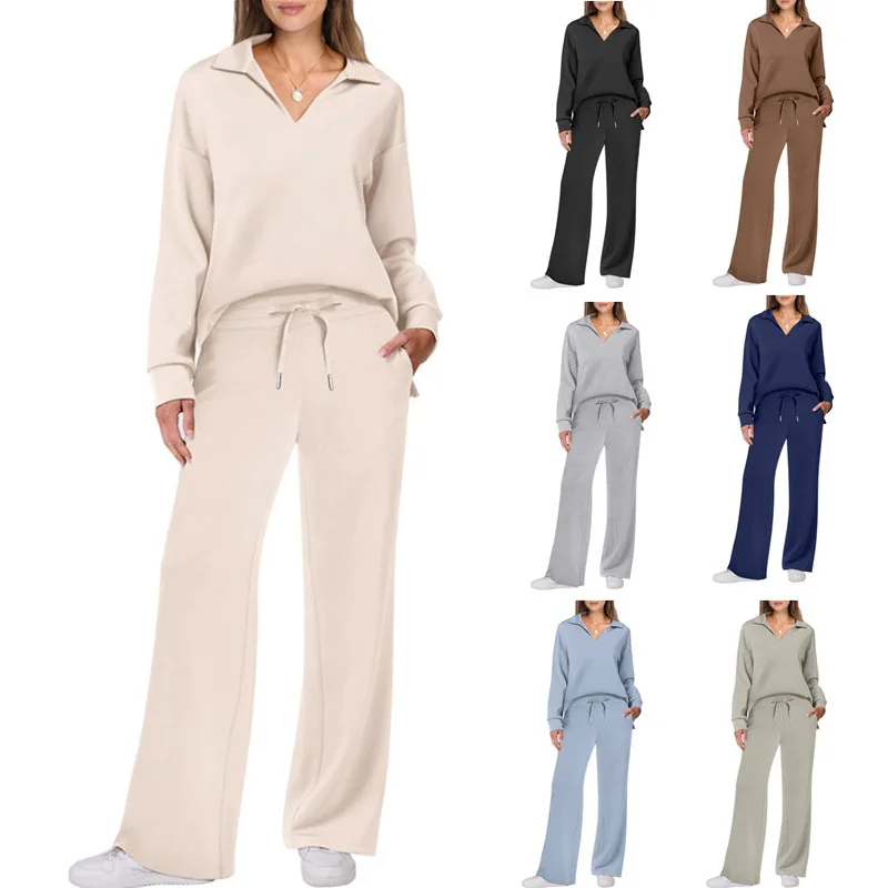 Fashionable Casual Sportswear Set Long Sleeve V-Neck Sweatshirt Wide Leg Pants Two Piece Set plus Size Women's Clothing