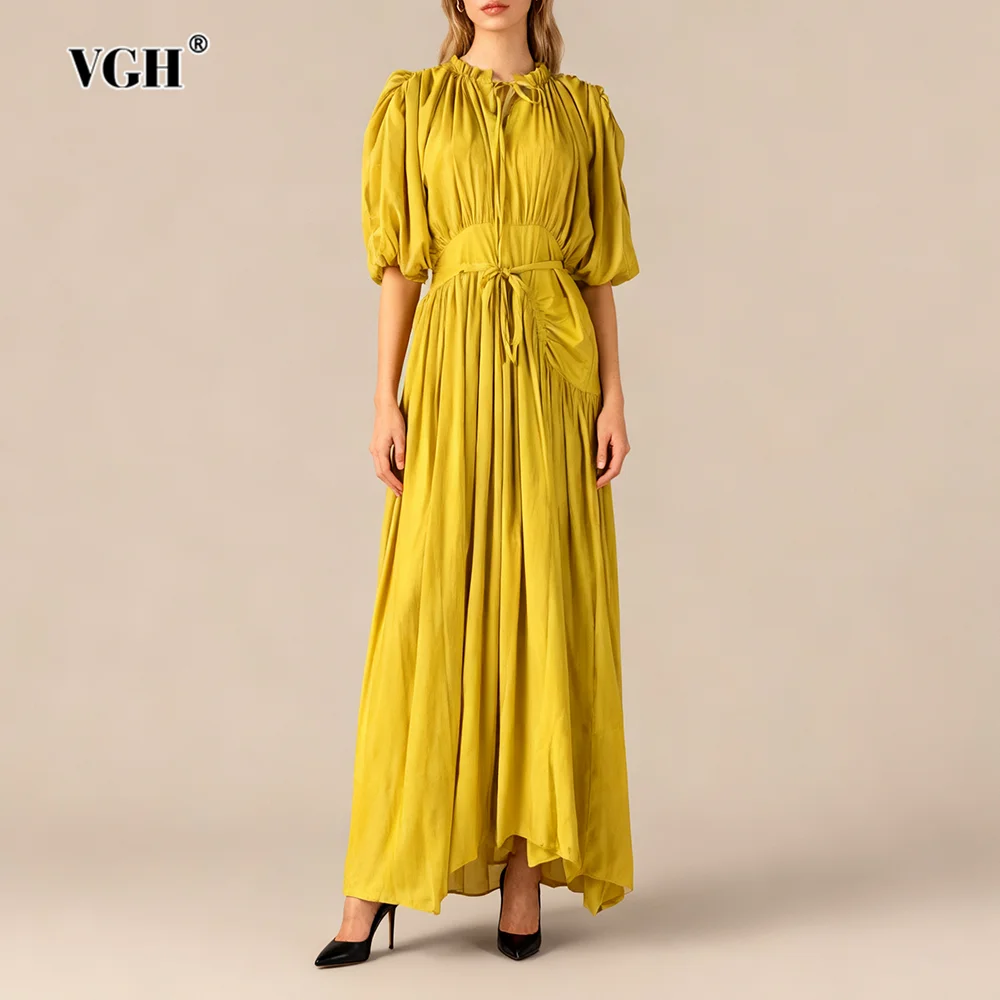 

VGH Элегантное женское платье-туника с нерегулярными складками и воротником-стойкой, с коротким рукавом и высокой талией, лоскутное женское платье на шнуровке