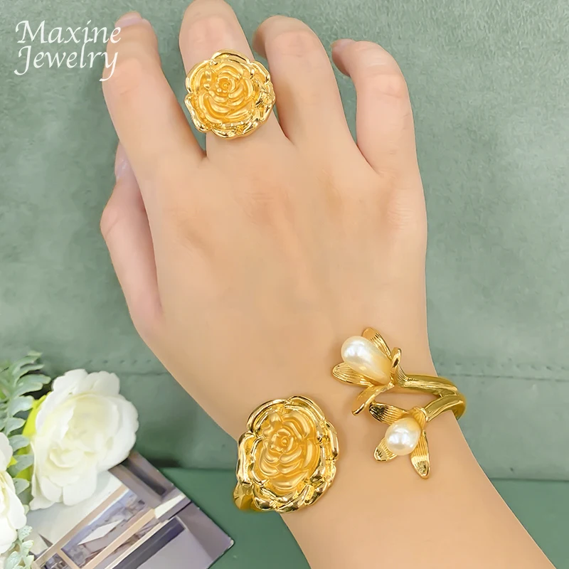 Big Size Round Flower Collar Jewelry Set Necklace Earrings Bracelet Ring Chunky Choker African Bridal Wedding Party Best Gifts