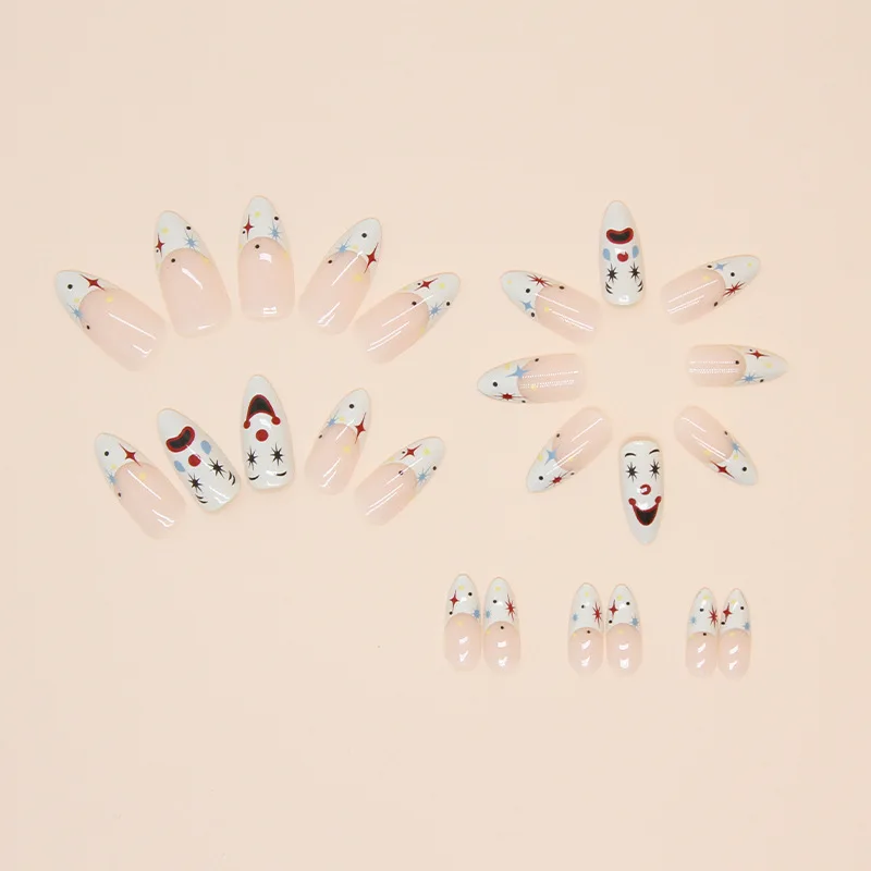 

24pc Star & Smiley Nails Neon Splatter Art Color-Block Almond Press-Ons Harlequin Diamonds Medium Length