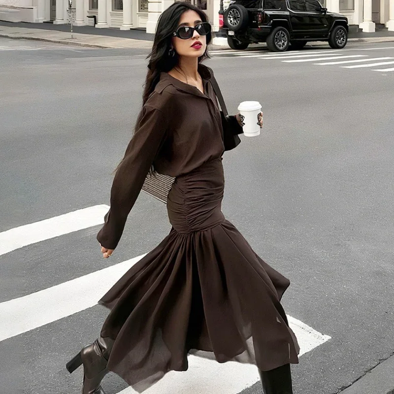 فستان قميص بأكمام طويلة مع طيات المرأة الصلبة موضة شبكة الربط التلبيب أزرار سليم مثير عالية الخصر فستان الخريف #2