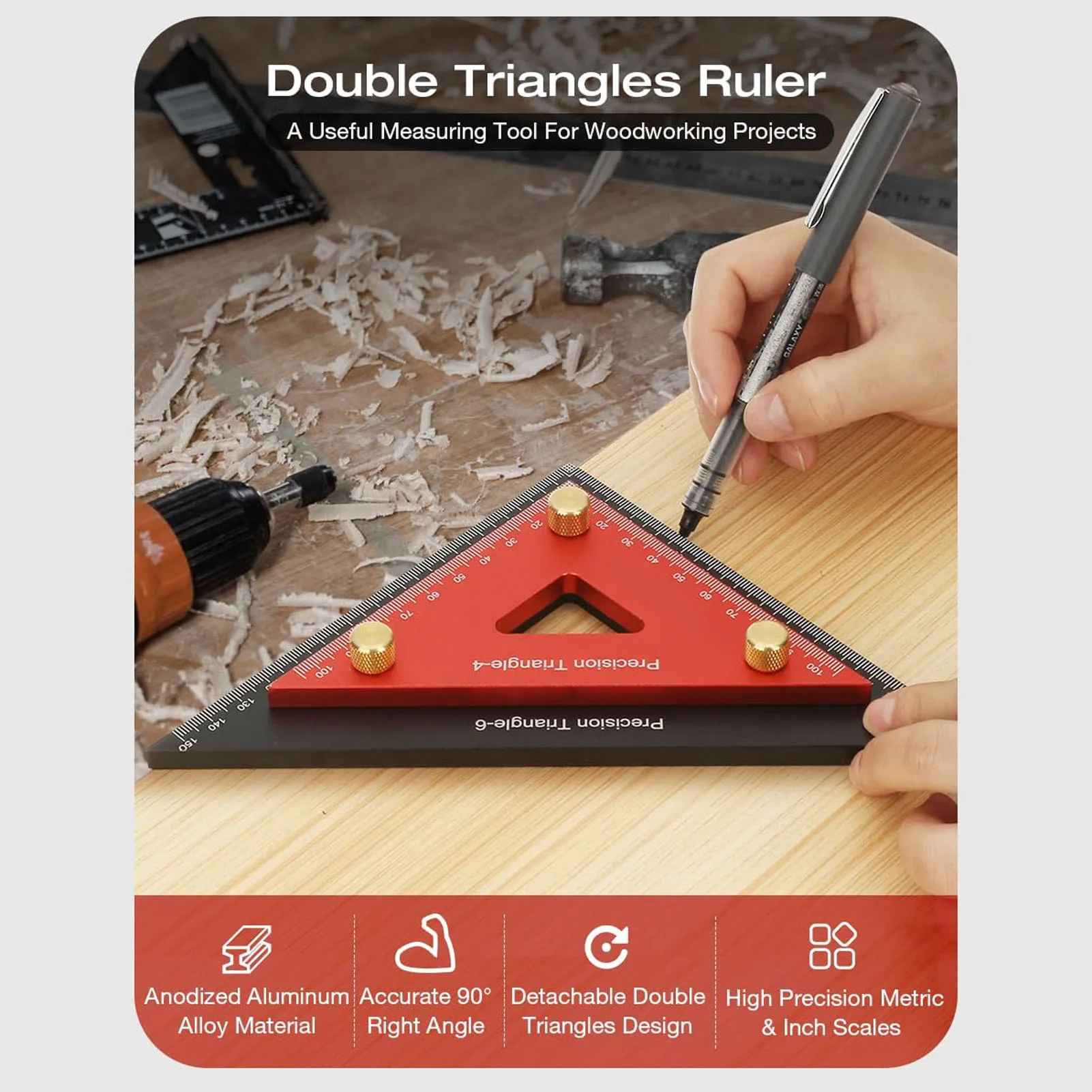 ZK30 Double Triangle Ruler Detachable 4 Inch and 6 Inch Aluminum Alloy Accurate Carpentry Square Tool