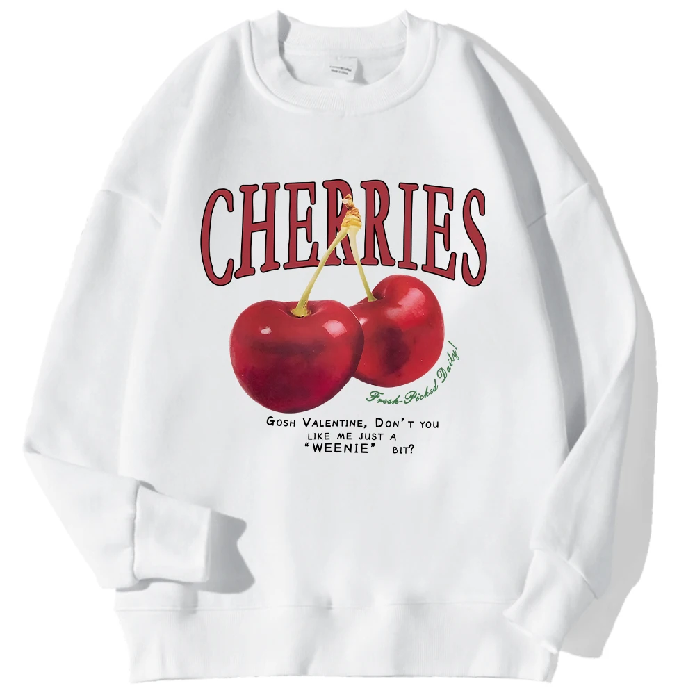 Autumn Winter Womens Sweatshirt Fresh Red Cherries Printing Pullover Loose Crewneck Warm Comfortable Hoodies Street Clothing